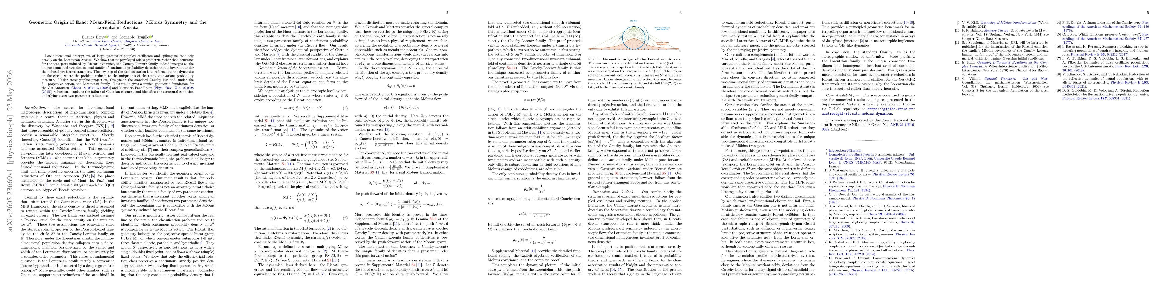 Thumbnail for Geometric Origin of Exact Mean-Field Reductions: M{ö}bius Symmetry and the Lorentzian Ansatz