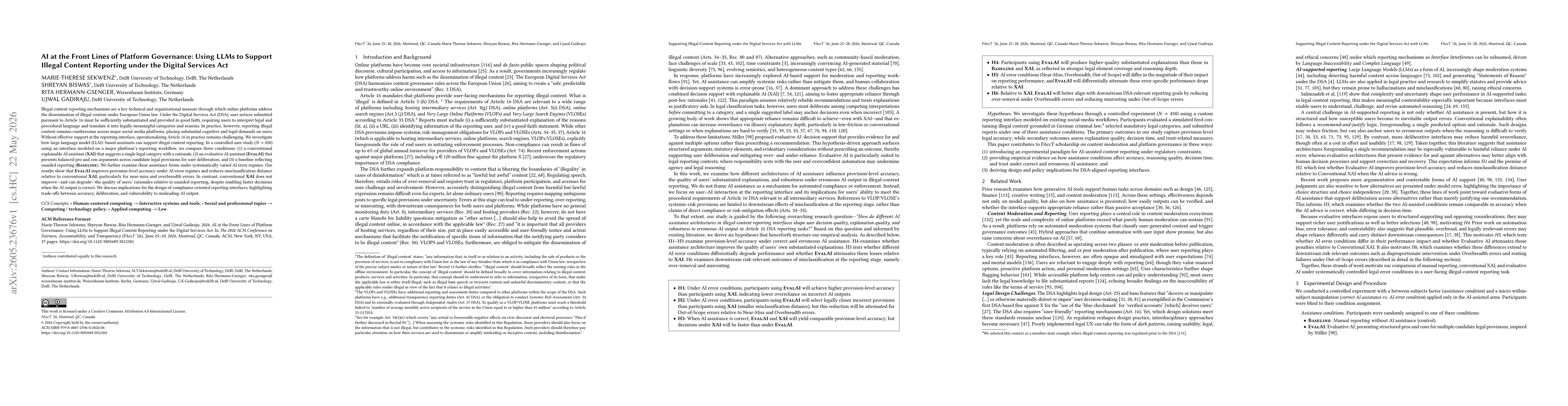 Thumbnail for AI at the Front Lines of Platform Governance: Using LLMs to Support Illegal Content Reporting under the Digital Services Act