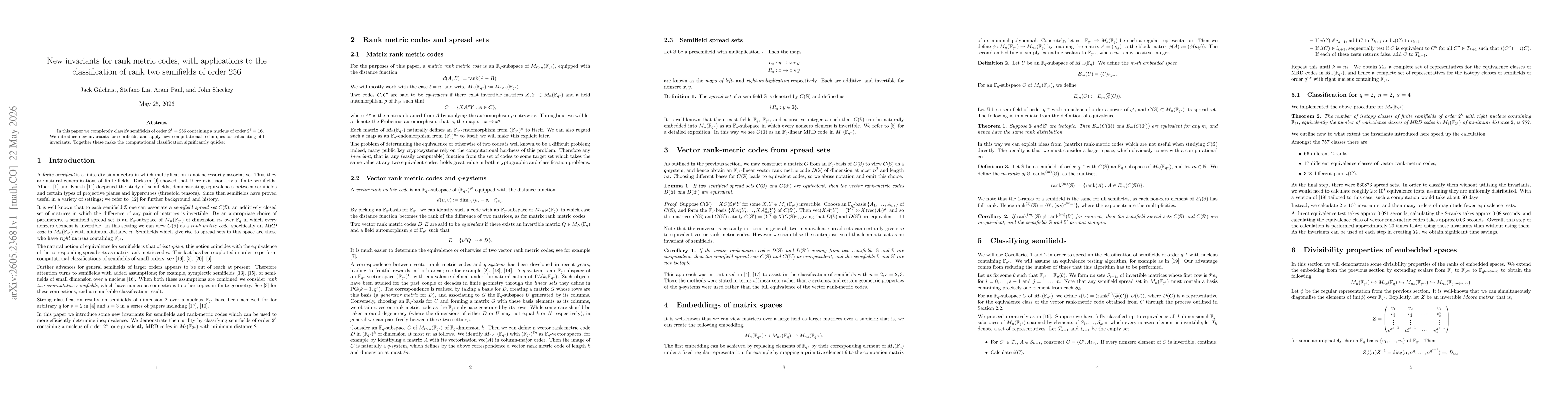 Thumbnail for New invariants for rank metric codes, with applications to the classification of rank two semifields of order 256