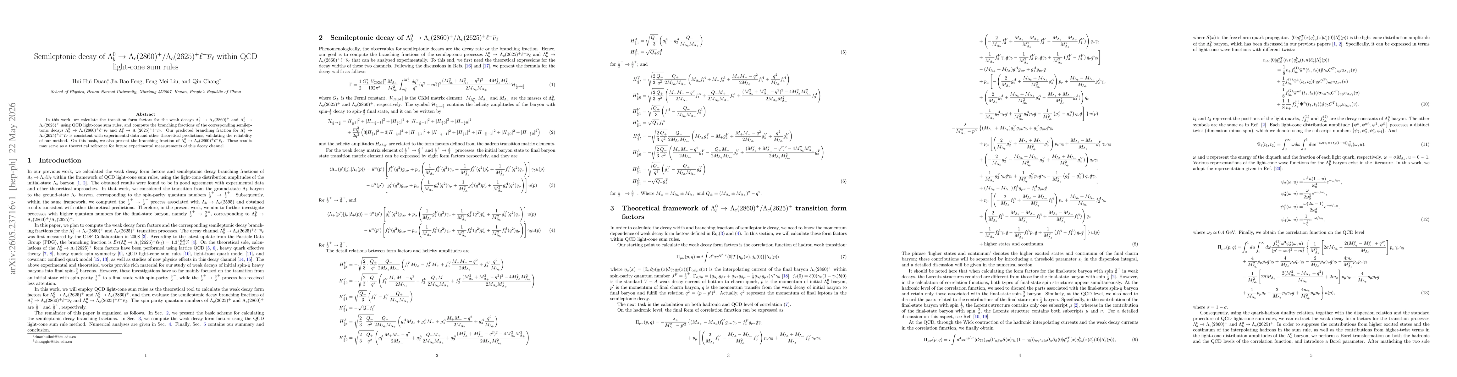 Thumbnail for Semileptonic decay of $Λ_b^0 \to Λ_c (2860)^+/Λ_c(2625)^+\ell^-\overlineν_\ell$ within QCD light-cone sum rules