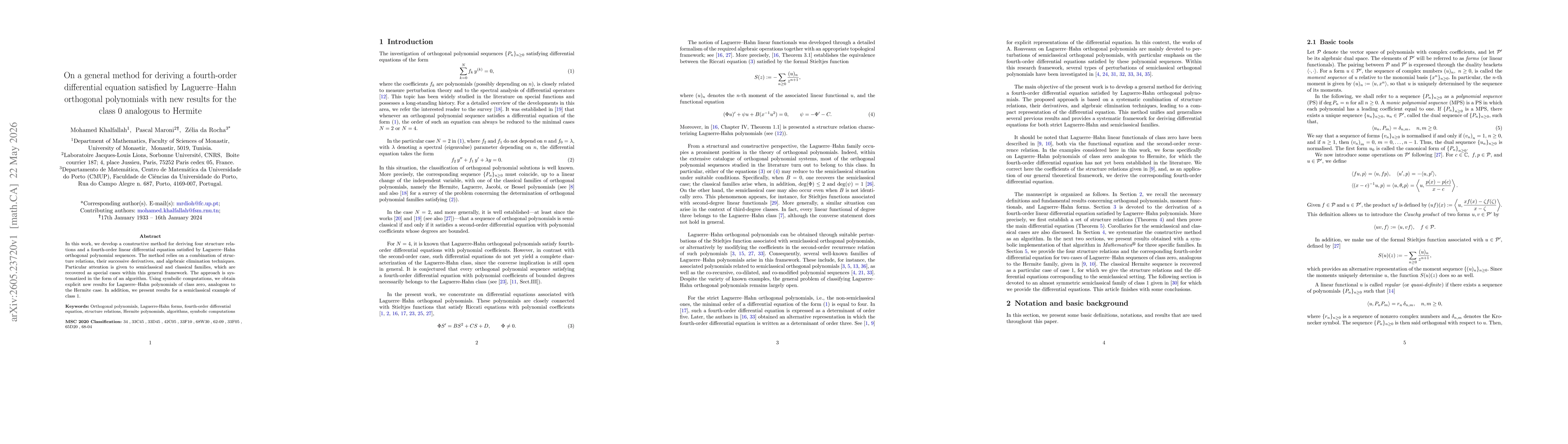 Thumbnail for On a general method for deriving a fourth-order differential equation satisfied by Laguerre-Hahn orthogonal polynomials with new results for the class 0 analogous to Hermite