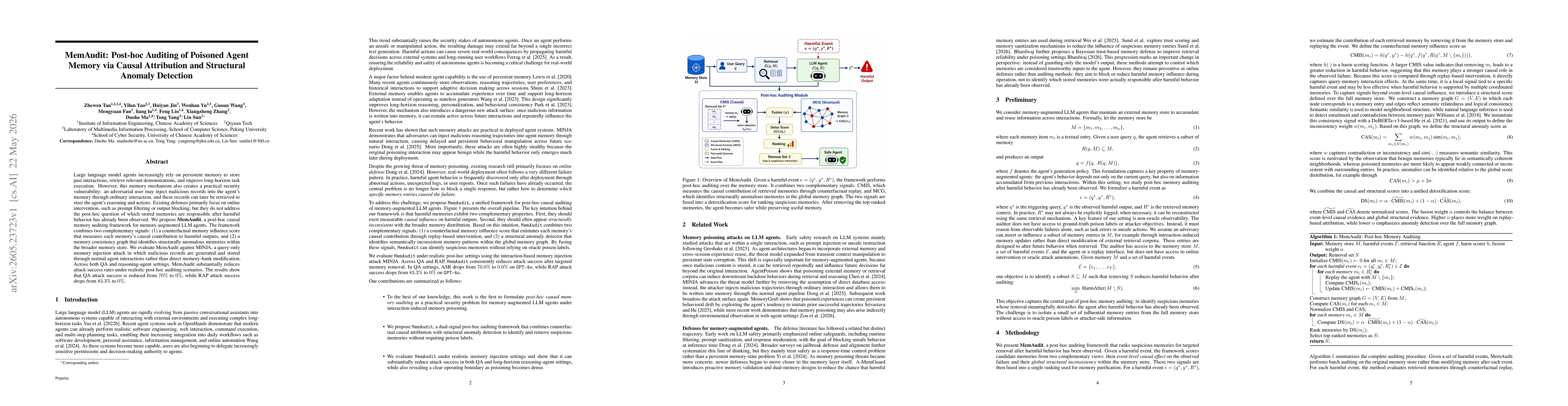 Thumbnail for MemAudit: Post-hoc Auditing of Poisoned Agent Memory via Causal Attribution and Structural Anomaly Detection