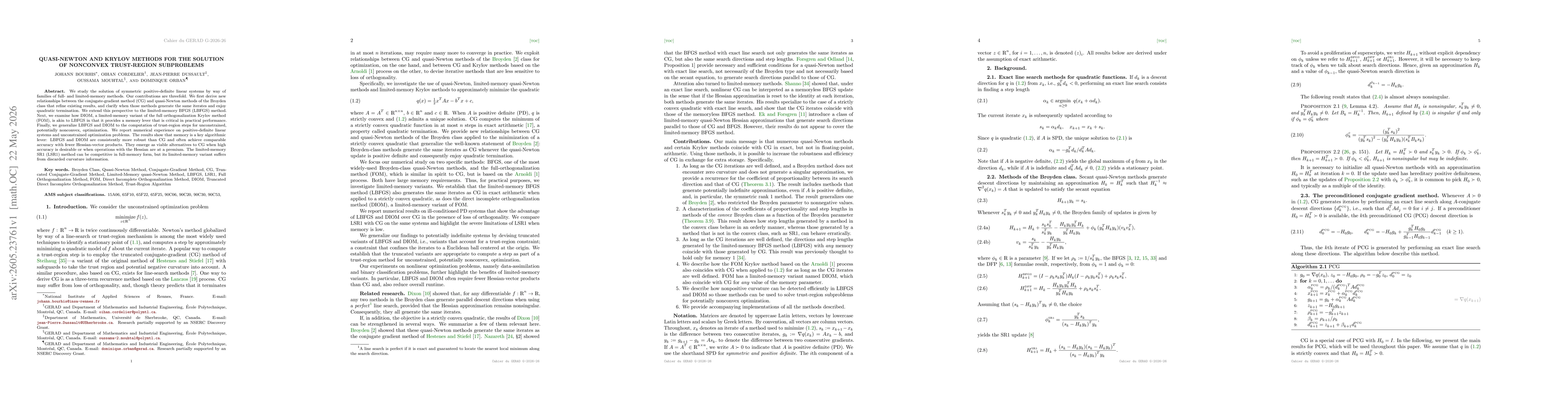 Thumbnail for Quasi-Newton and Krylov Methods for the Solution of Nonconvex Trust-Region Subproblems