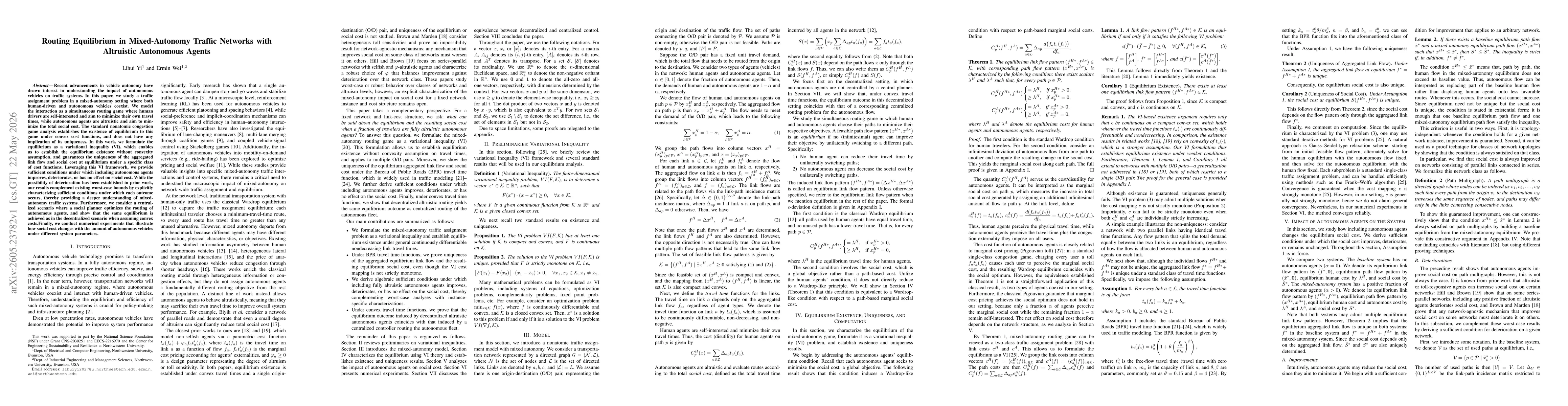 Thumbnail for Routing Equilibrium in Mixed-Autonomy Traffic Networks with Altruistic Autonomous Agents