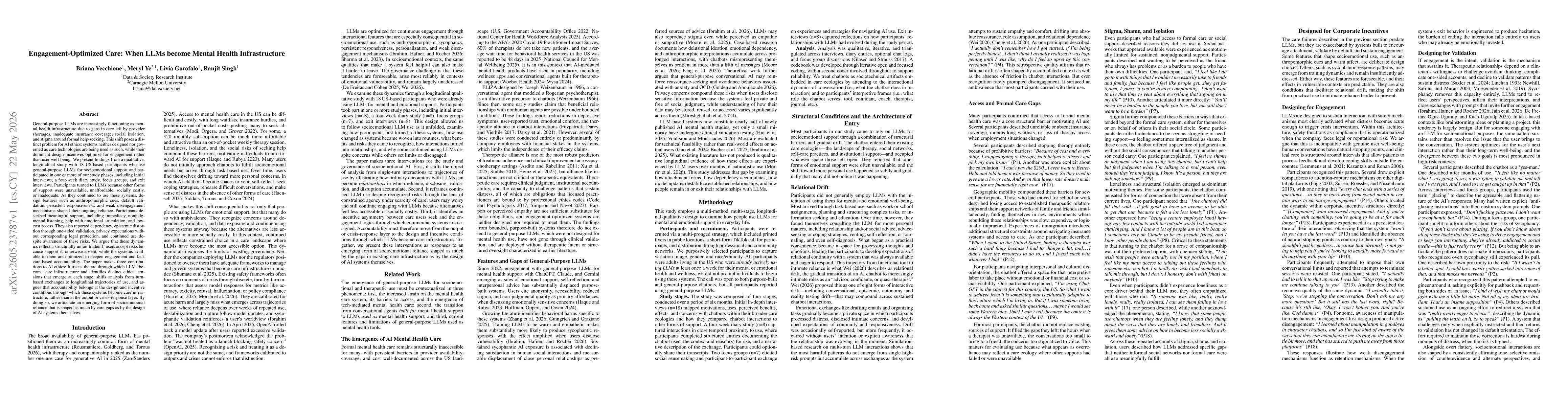 Thumbnail for Engagement-Optimized Care: When LLMs become Mental Health Infrastructure