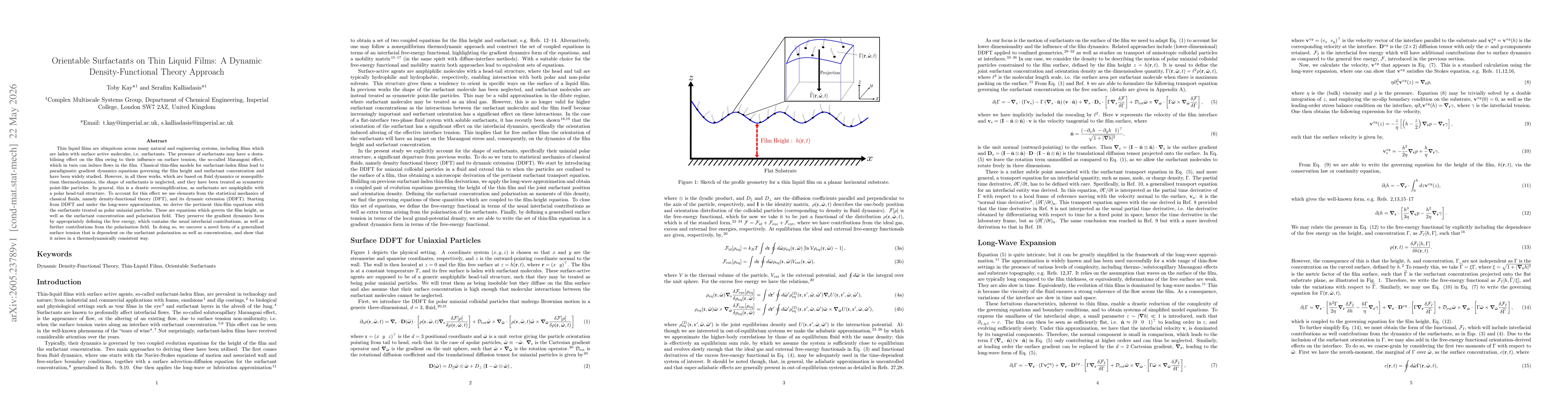 Thumbnail for Orientable Surfactants on Thin Liquid Films: A Dynamic Density-Functional Theory Approach