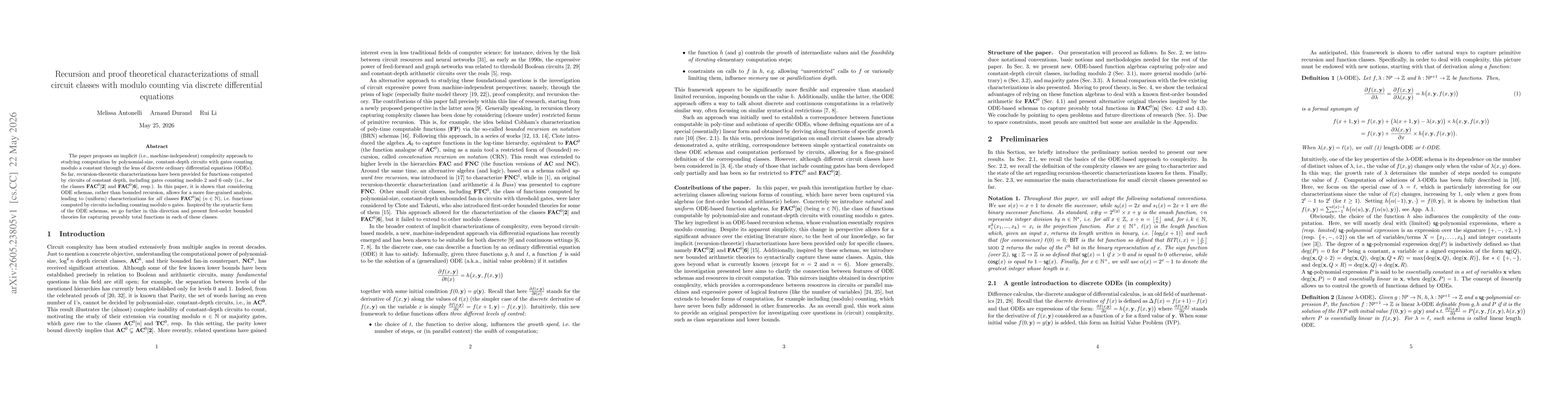 Thumbnail for Recursion and proof theoretical characterizations of small circuit classes with modulo counting via discrete differential equations (long version)