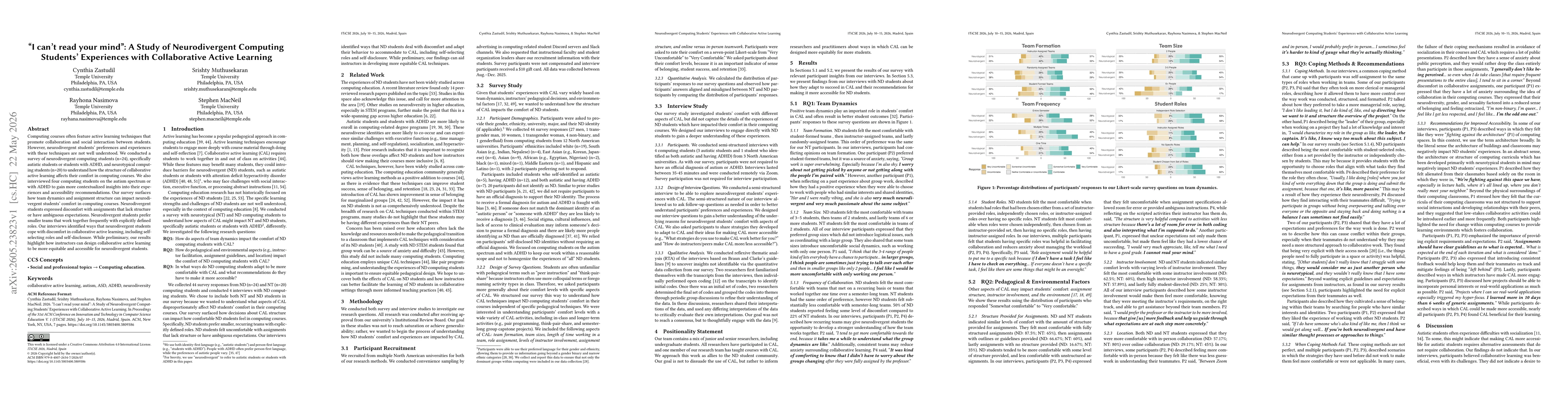 Thumbnail for "I can't read your mind": A Study of Neurodivergent Computing Students' Experiences with Collaborative Active Learning