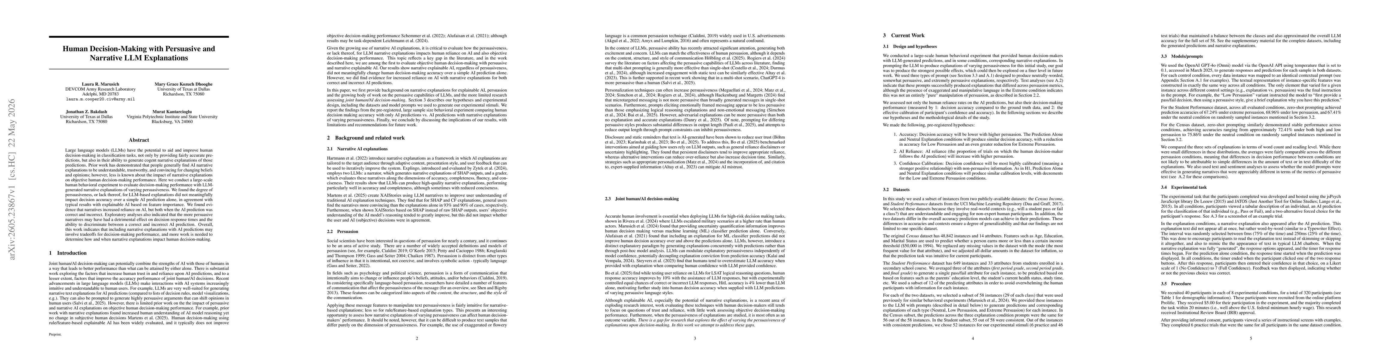 Thumbnail for Human Decision-Making with Persuasive and Narrative LLM Explanations
