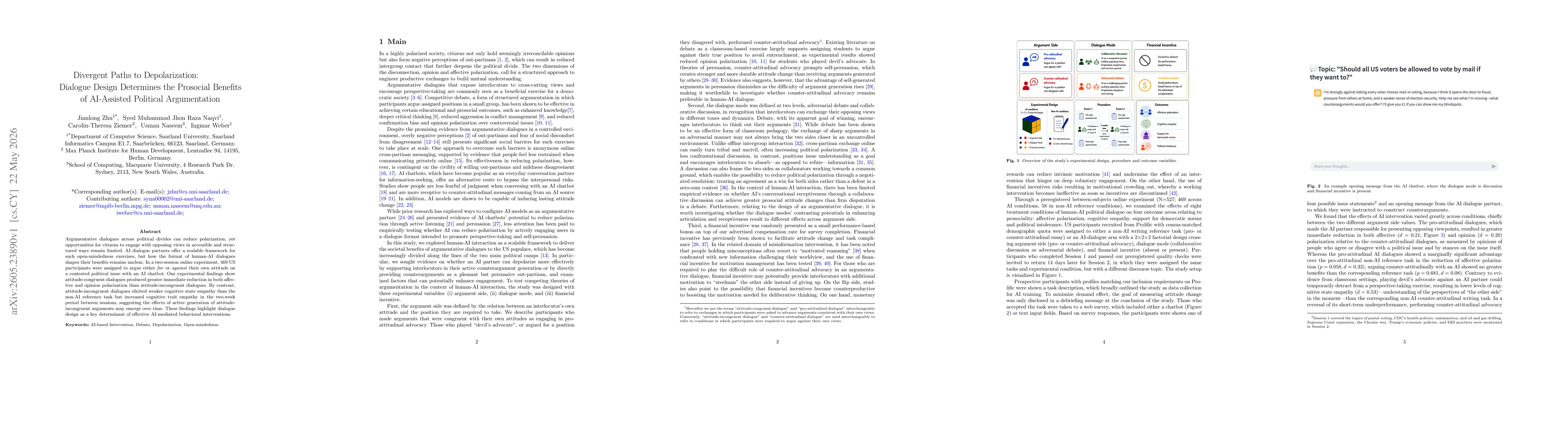 Thumbnail for Divergent Paths to Depolarization: Dialogue Design Determines the Prosocial Benefits of AI-Assisted Political Argumentation
