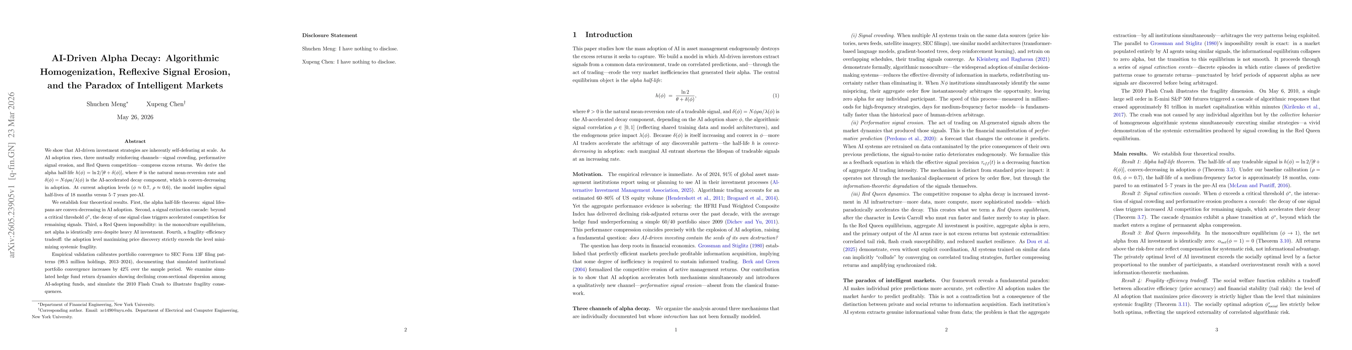 Thumbnail for AI-Driven Alpha Decay: Algorithmic Homogenization, Reflexive Signal Erosion, and the Paradox of Intelligent Markets
