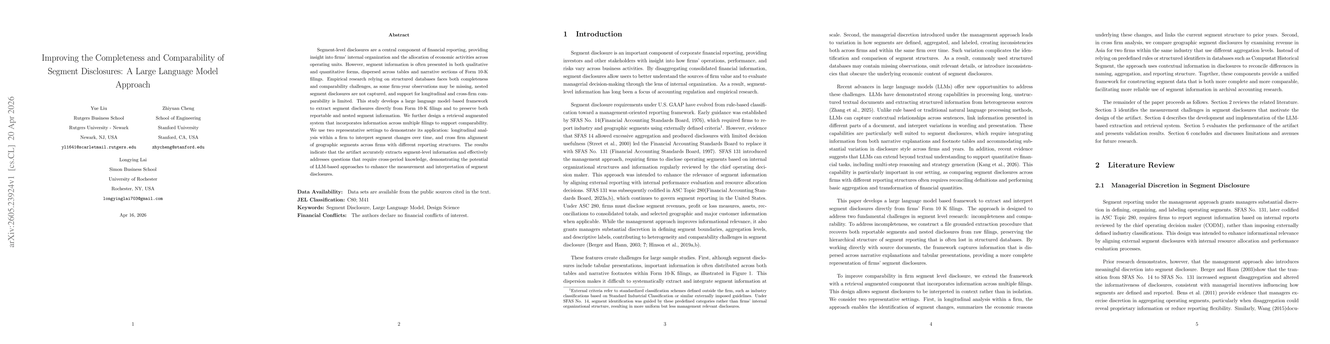Thumbnail for Improving the Completeness and Comparability of Segment Disclosures: A Large Language Model Approach
