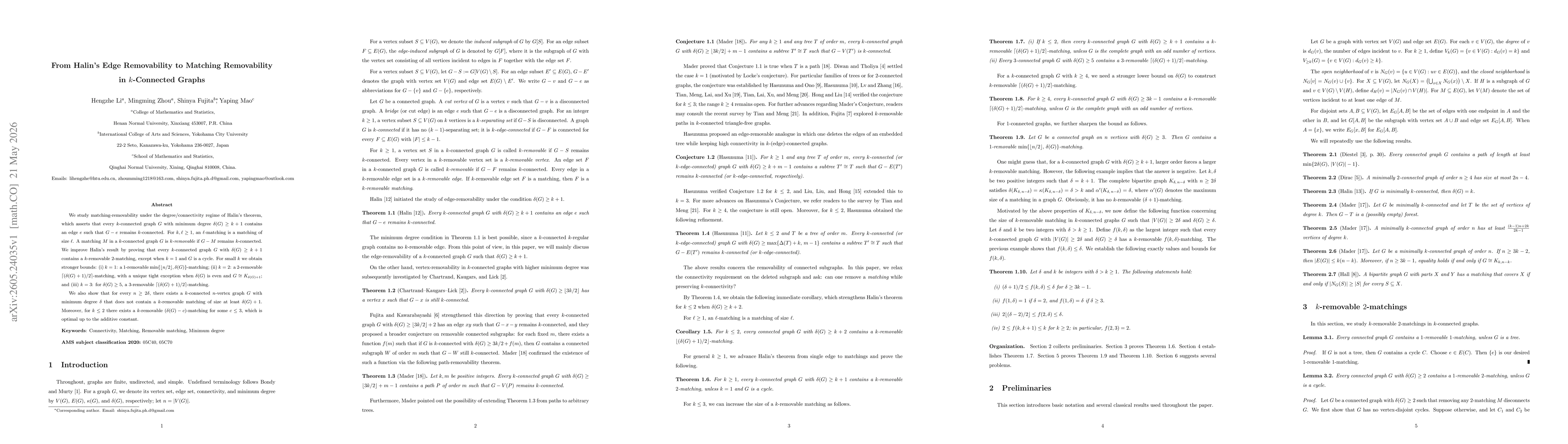Thumbnail for From Halin's Edge Removability to Matching Removability in $k$-Connected Graphs