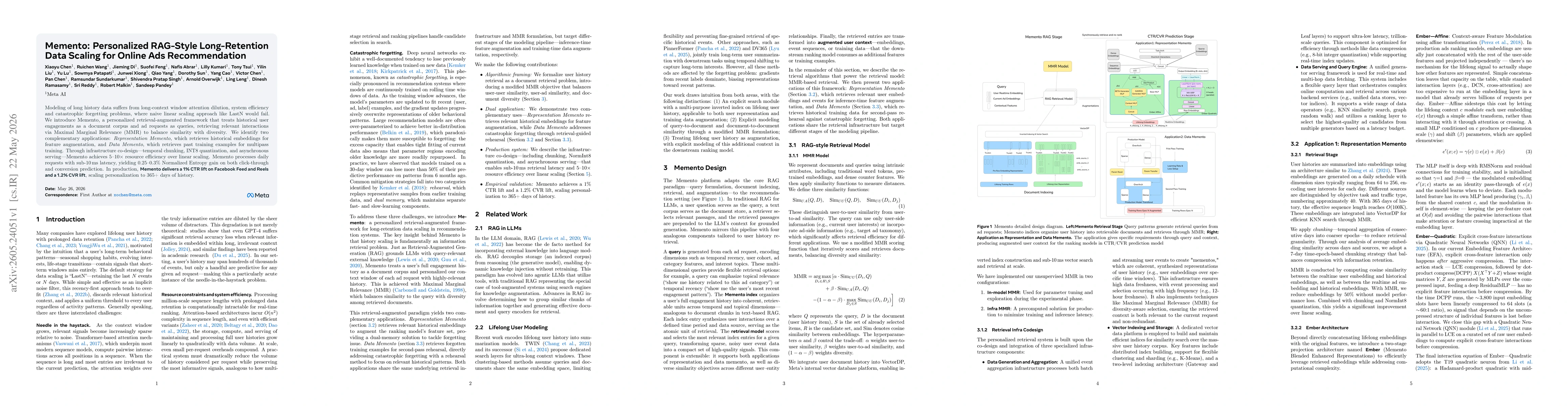 Thumbnail for Memento: Personalized RAG-Style Long-Retention Data Scaling for META Ads Recommendation