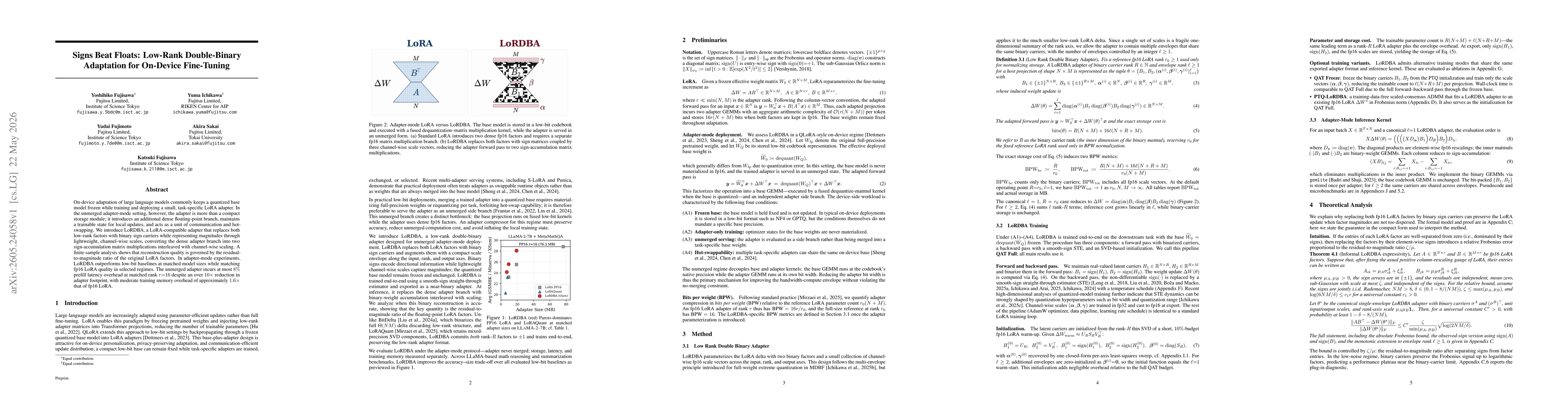 Thumbnail for Signs Beat Floats: Low-Rank Double-Binary Adaptation for On-Device Fine-Tuning