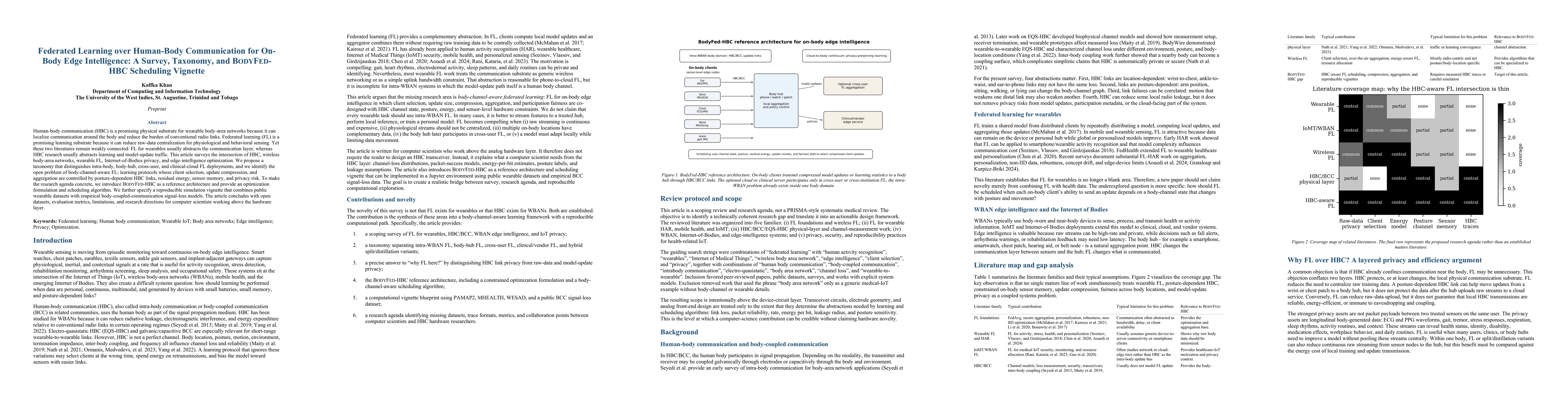 Thumbnail for Federated Learning over Human-Body Communication for On-Body Edge Intelligence: A Survey, Taxonomy, and BODYFED-HBC Scheduling Vignette