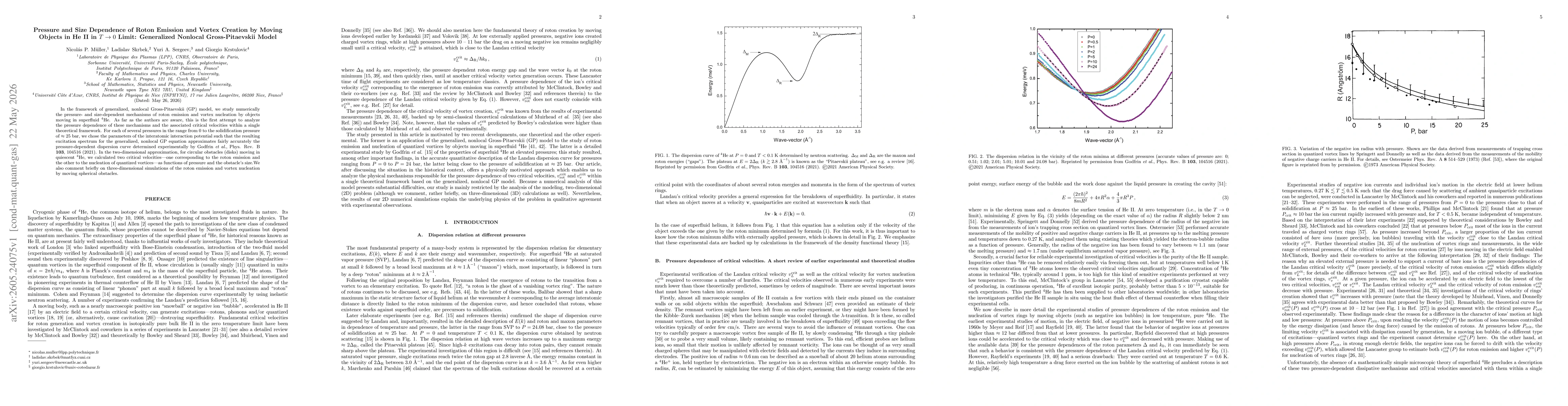 Thumbnail for Pressure and Size Dependence of Roton Emission and Vortex Creation by Moving Objects in He~II in $T \to 0$ Limit: Generalized Nonlocal Gross-Pitaevskii Model