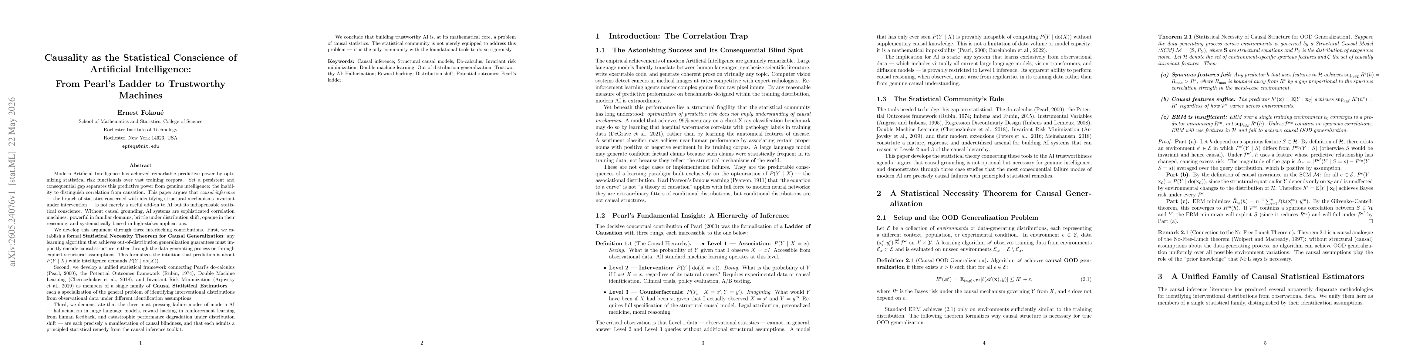 Thumbnail for Causality as the Statistical Conscience of Artificial Intelligence: From Pearl's Ladder to Trustworthy Machines