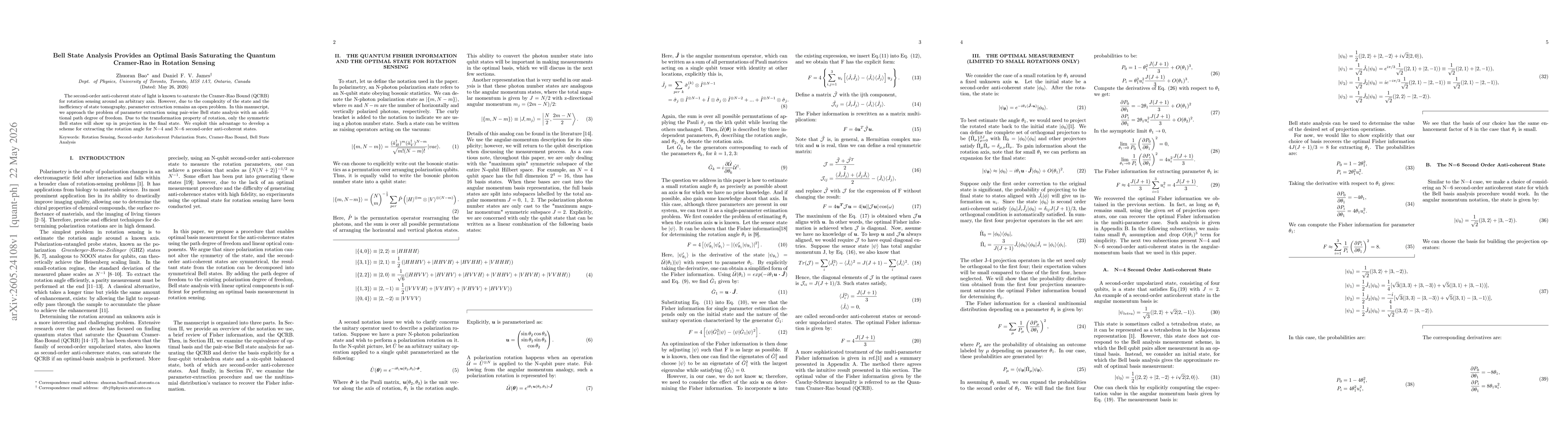 Thumbnail for Bell State Analysis Provides an Optimal Basis Saturating the Quantum Cramer-Rao in Rotation Sensing