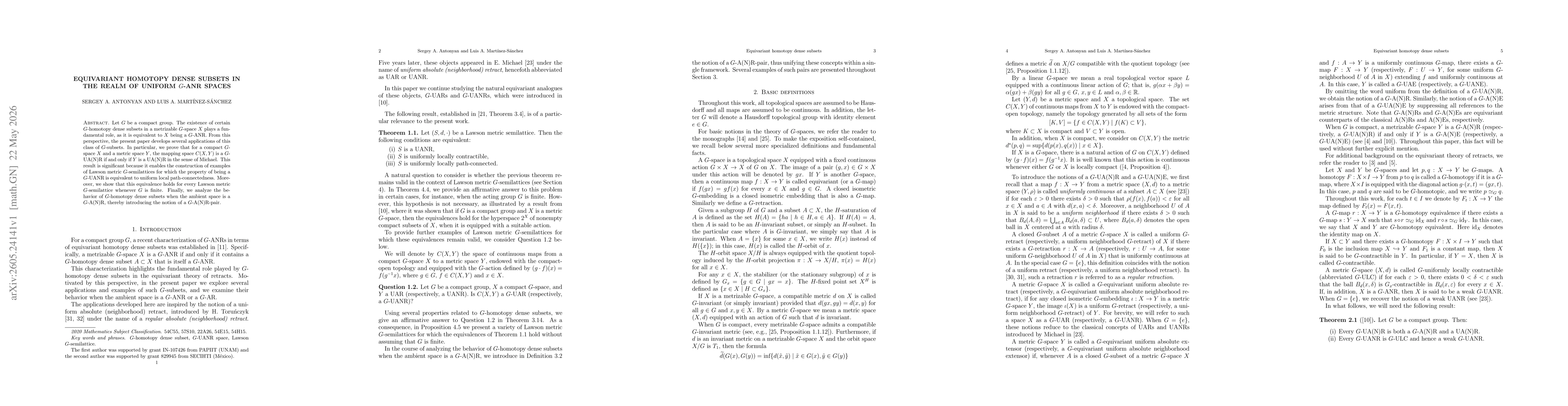 Thumbnail for Equivariant homotopy dense subsets in the realm of uniform G-ANR spaces