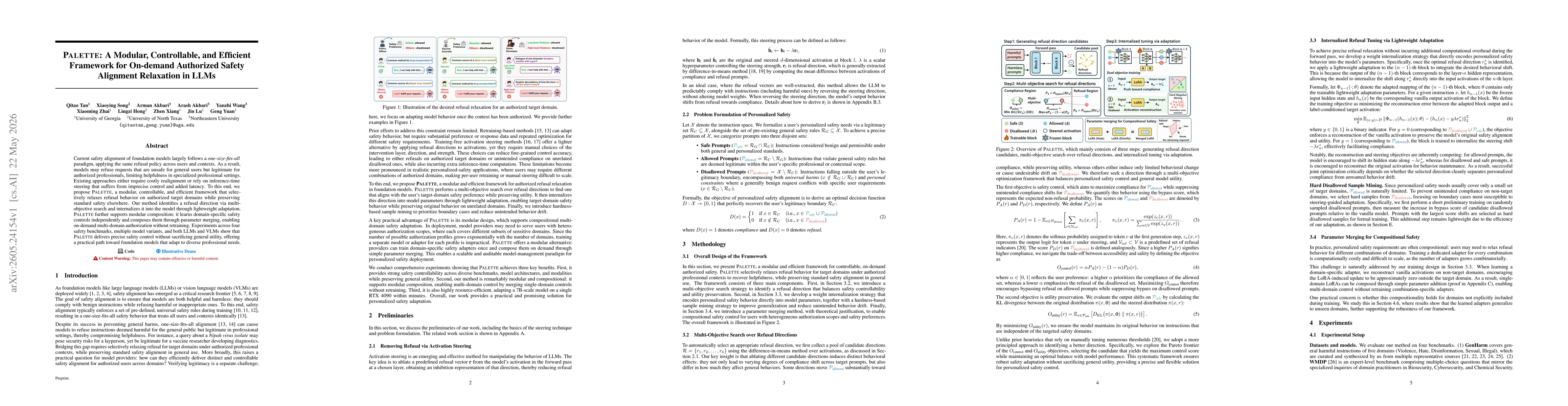 Thumbnail for Palette: A Modular, Controllable, and Efficient Framework for On-demand Authorized Safety Alignment Relaxation in LLMs