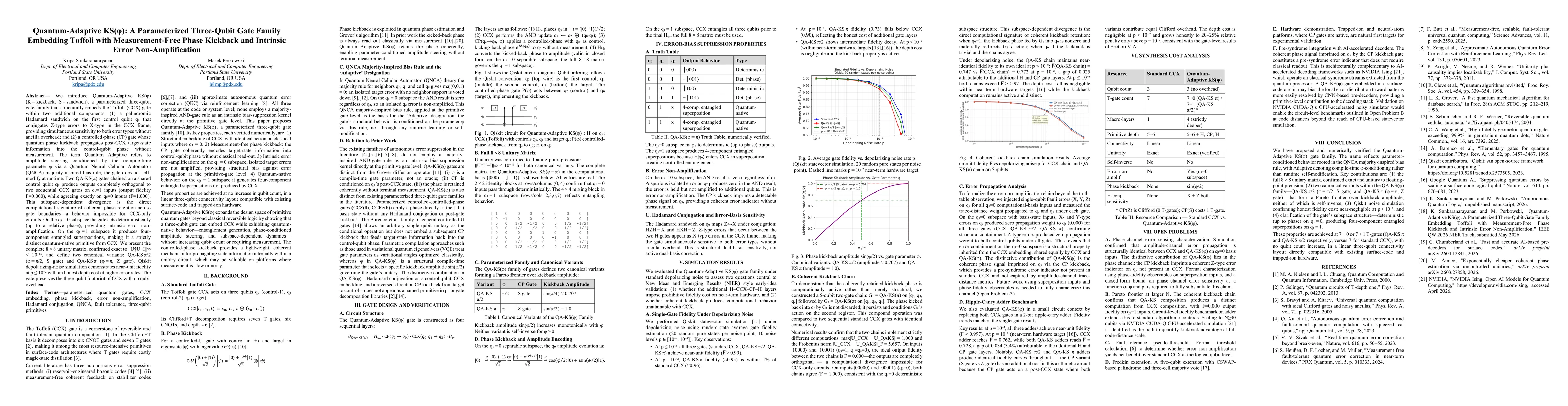 Thumbnail for Quantum-Adaptive KS($\varphi$): A Parameterized Three-Qubit Gate Family Embedding Toffoli with Measurement-Free Phase Kickback and Intrinsic Error Non-Amplification