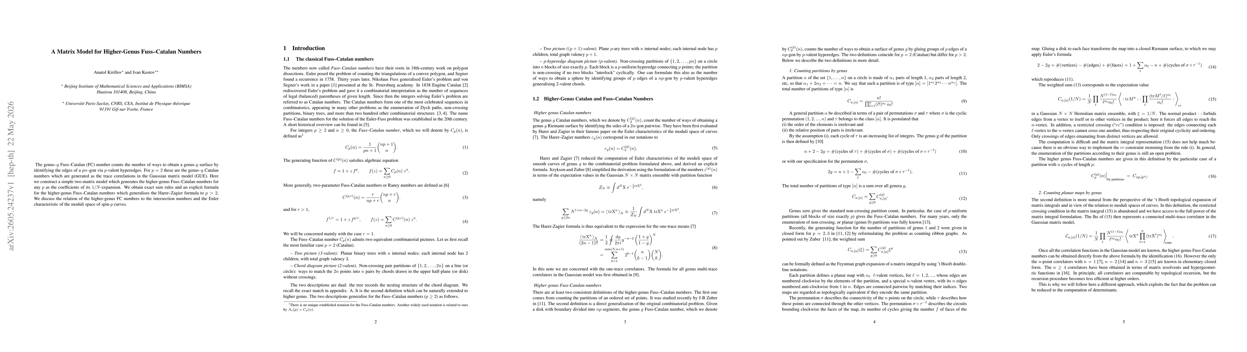 Thumbnail for A Matrix Model for Higher-Genus Fuss--Catalan Numbers