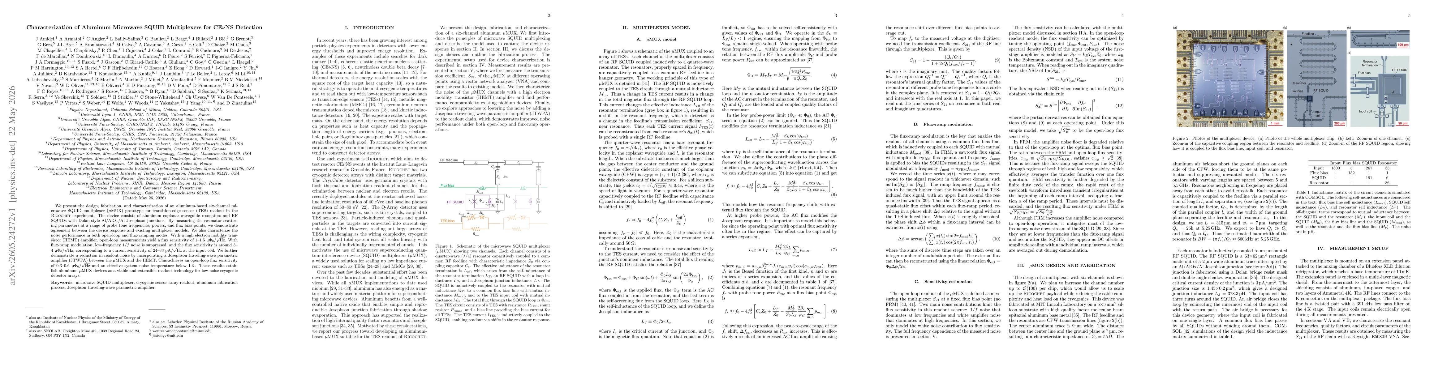 Thumbnail for Characterization of Aluminum Microwave SQUID Multiplexers for CE$ν$NS Detection