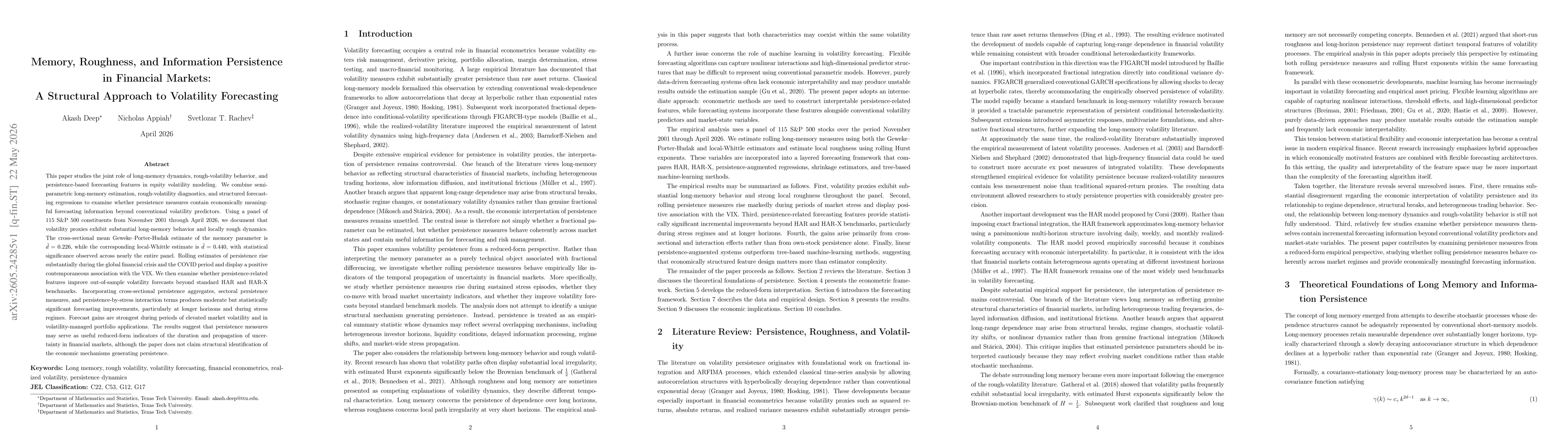 Thumbnail for Memory, Roughness, and Information Persistence in Financial Markets: A Structural Approach to Volatility Forecasting