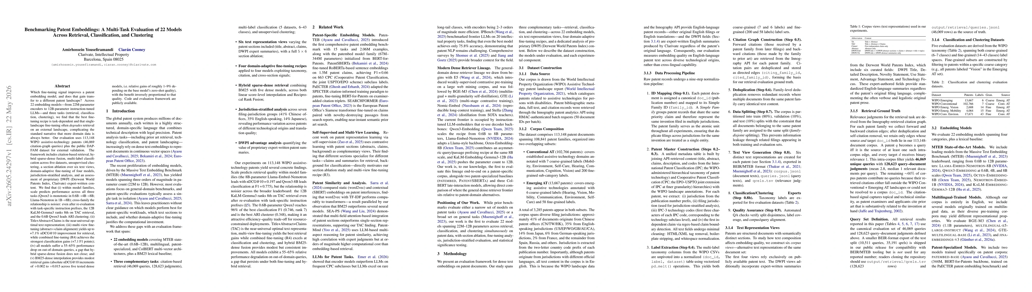 Thumbnail for Benchmarking Patent Embeddings: A Multi-Task Evaluation of 22 Models Across Retrieval, Classification, and Clustering