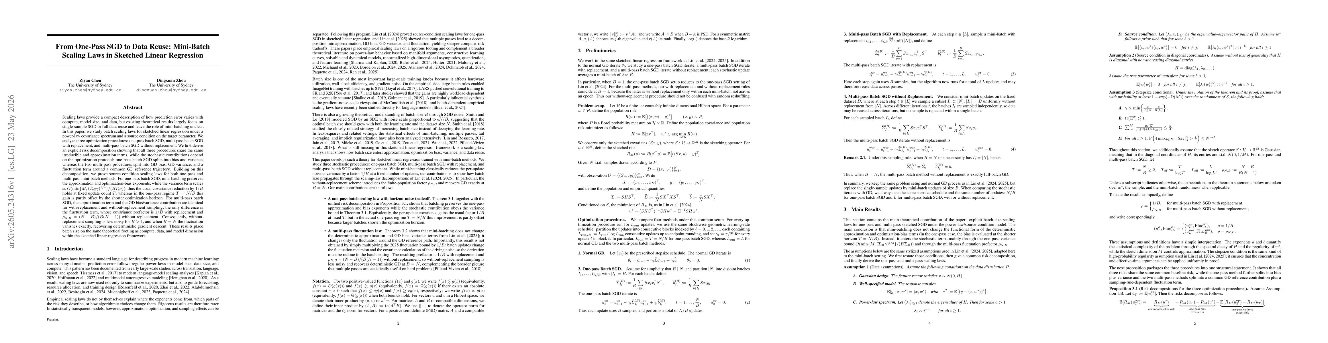 Thumbnail for From One-Pass SGD to Data Reuse: Mini-Batch Scaling Laws in Sketched Linear Regression