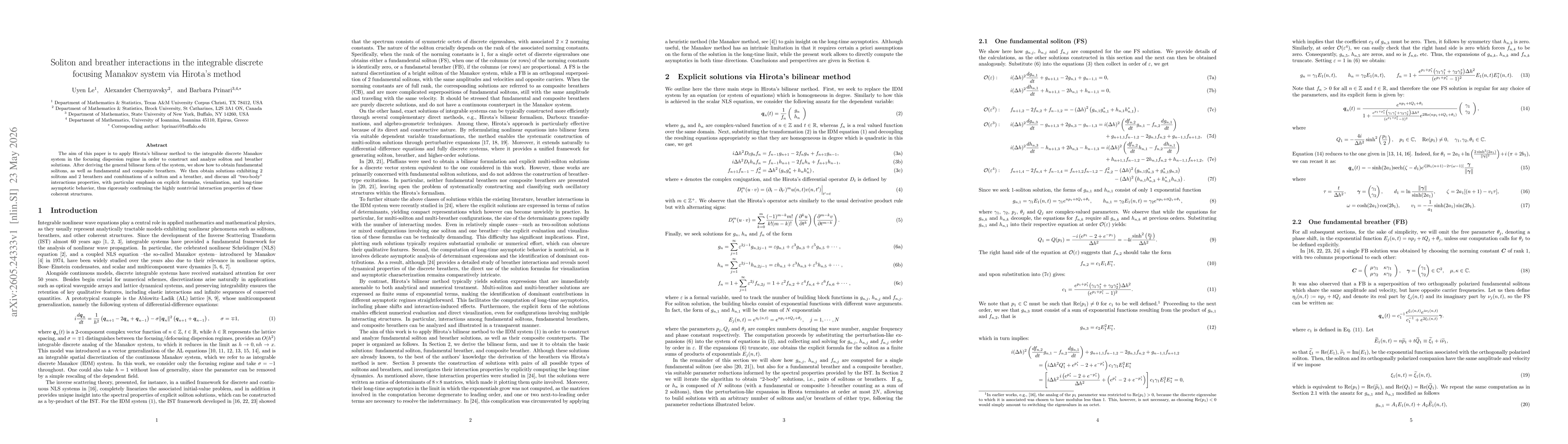 Thumbnail for Soliton and breather interactions in the integrable discrete focusing Manakov system via Hirota's method