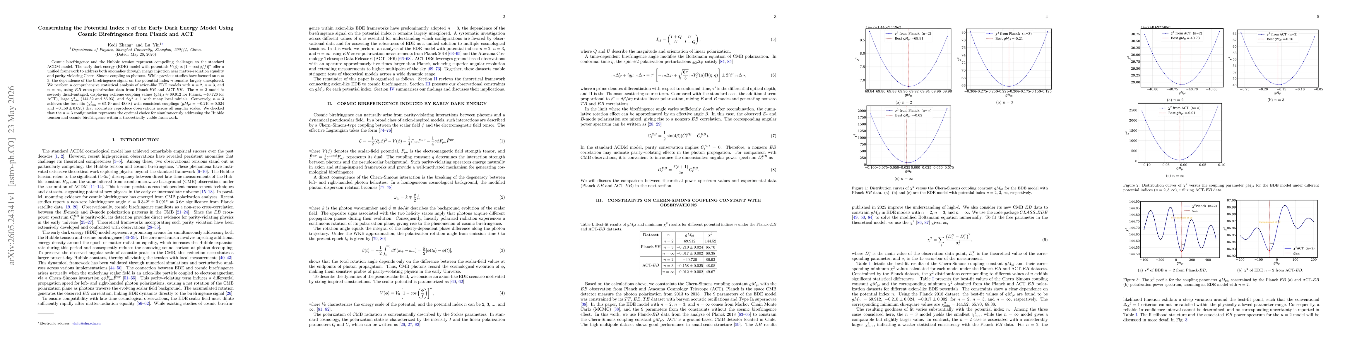 Thumbnail for Constraining the Potential Index $n$ of the Early Dark Energy Model Using Cosmic Birefringence from Planck and ACT