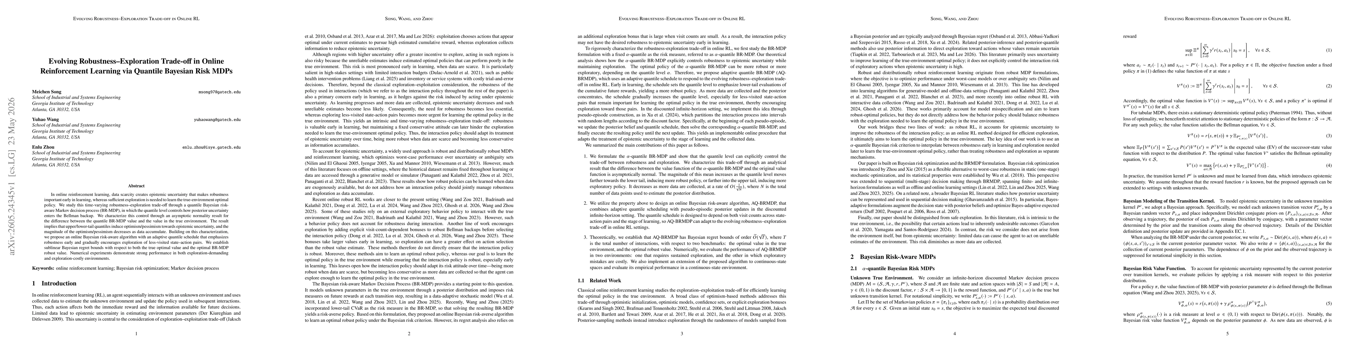 Thumbnail for Evolving Robustness--Exploration Trade-off in Online Reinforcement Learning via Quantile Bayesian Risk MDPs