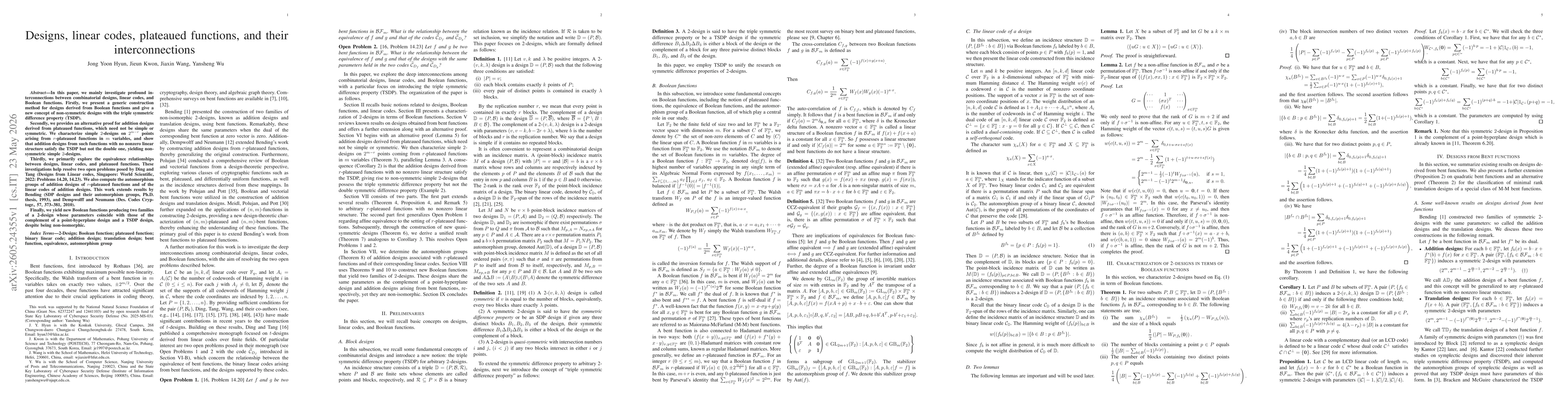 Thumbnail for Designs, linear codes, plateaued functions, and their interconnections
