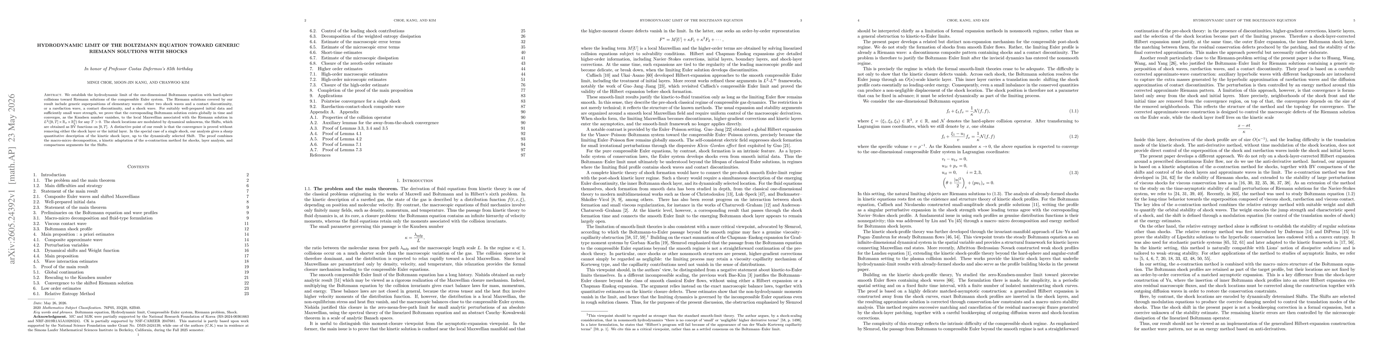 Thumbnail for Hydrodynamic Limit of the Boltzmann Equation toward Generic Riemann Solutions with Shocks