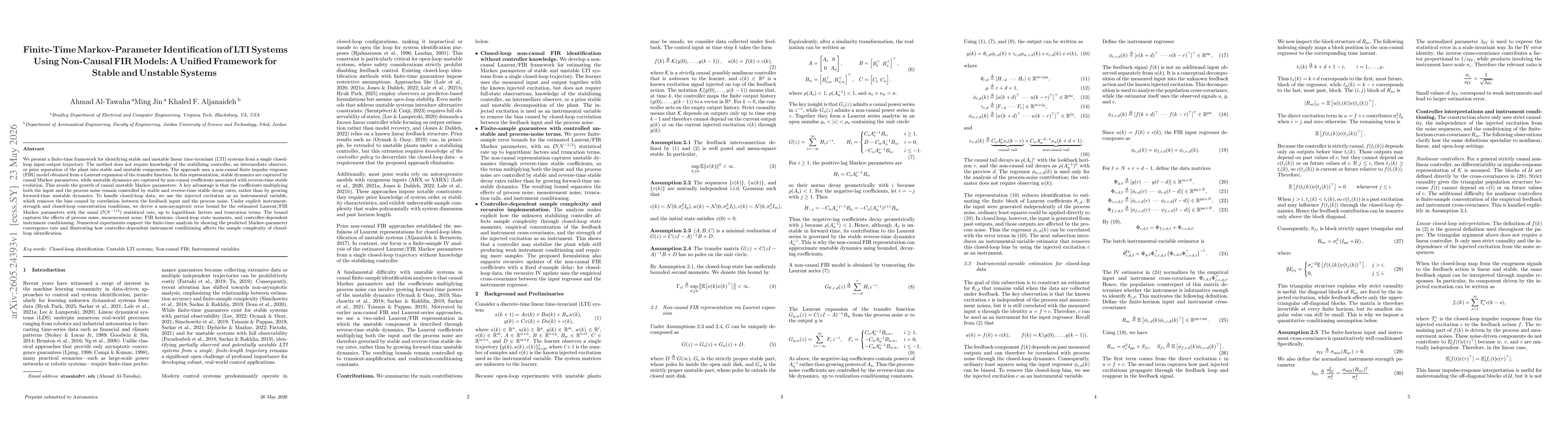 Thumbnail for Finite-Time Markov-Parameter Identification of LTI Systems Using Non-Causal FIR Models: A Unified Framework for Stable and Unstable Systems