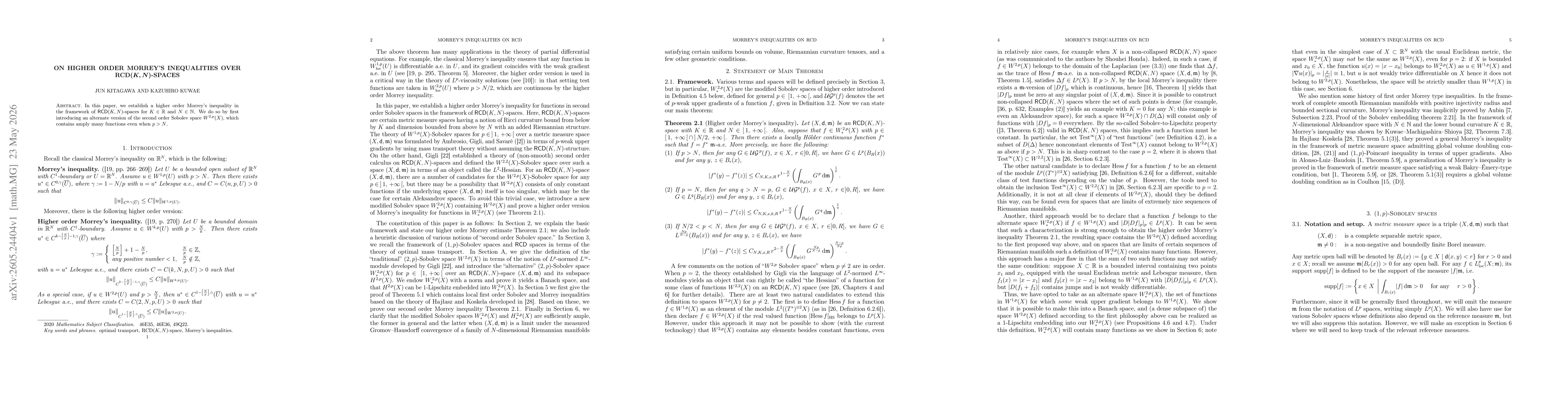 Thumbnail for On higher order Morrey's inequalities over RCD{\boldmath$(K,N)$}-spaces