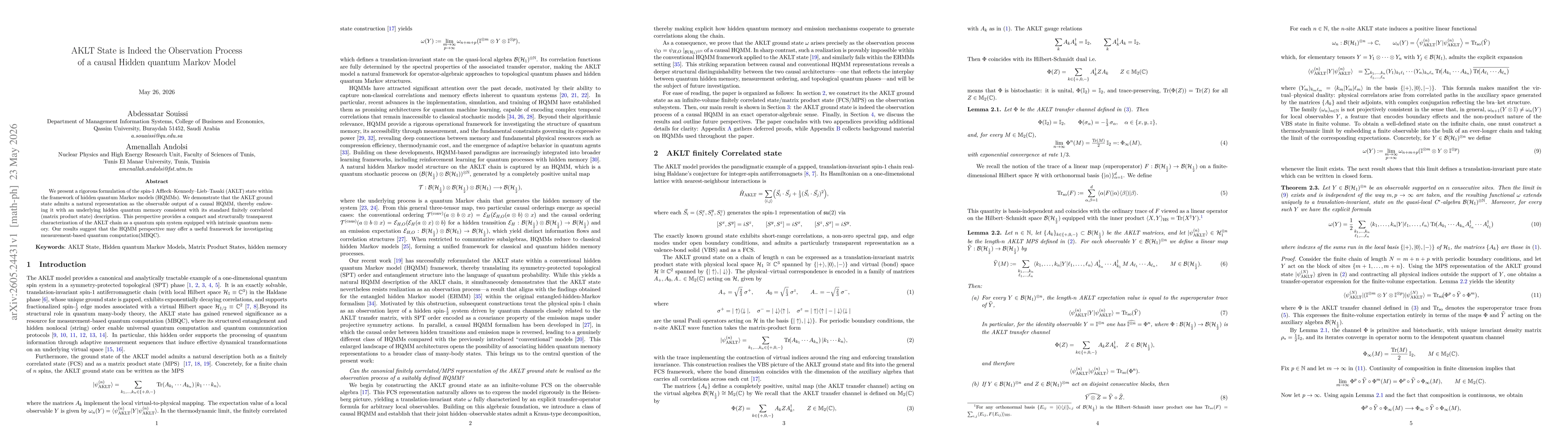 Thumbnail for AKLT State is Indeed the Observation Process of a causal Hidden quantum Markov Model