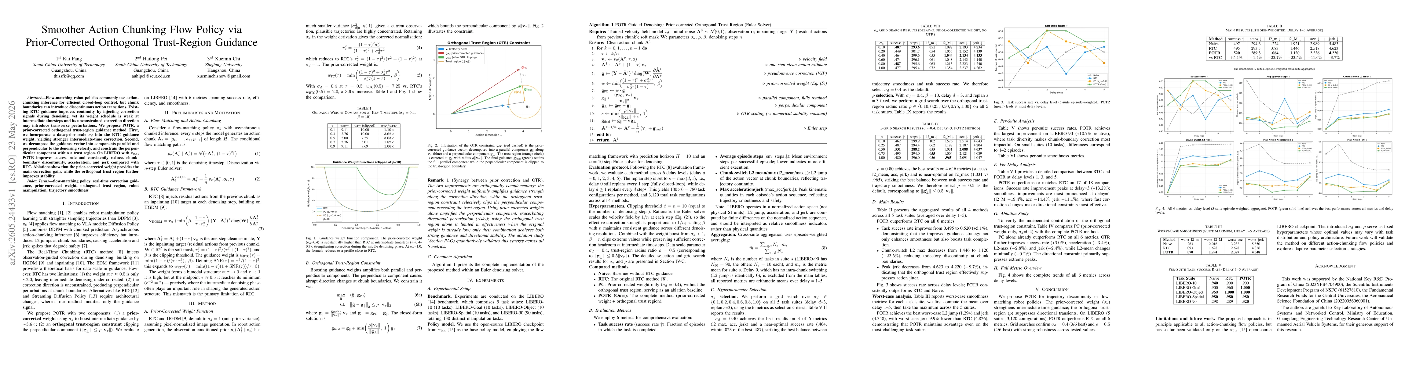 Thumbnail for Smoother Action Chunking Flow Policy via Prior-Corrected Orthogonal Trust-Region Guidance