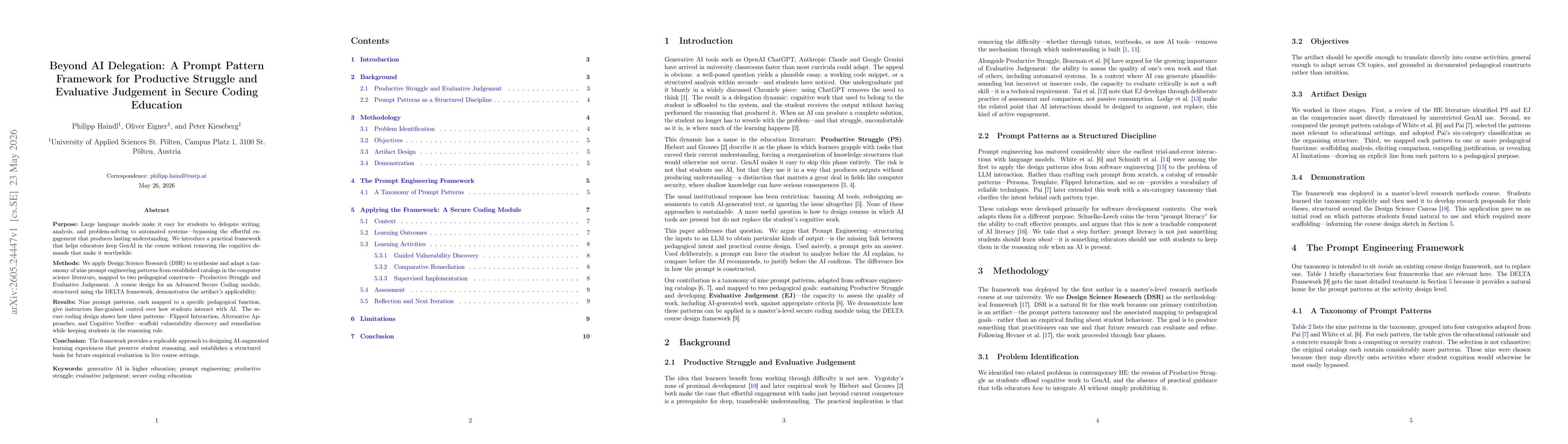 Thumbnail for Beyond AI Delegation: A Prompt Pattern Framework for Productive Struggle and Evaluative Judgement in Secure Coding Education