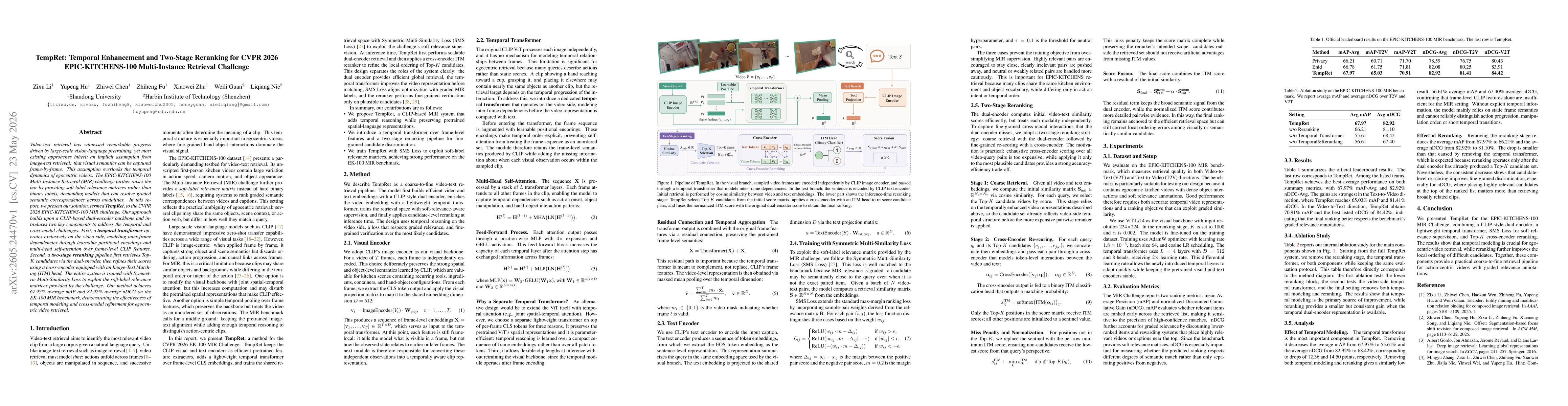 Thumbnail for TempRet: Temporal Enhancement and Two-Stage Reranking for CVPR 2026 EPIC-KITCHENS-100 Multi-Instance Retrieval Challenge