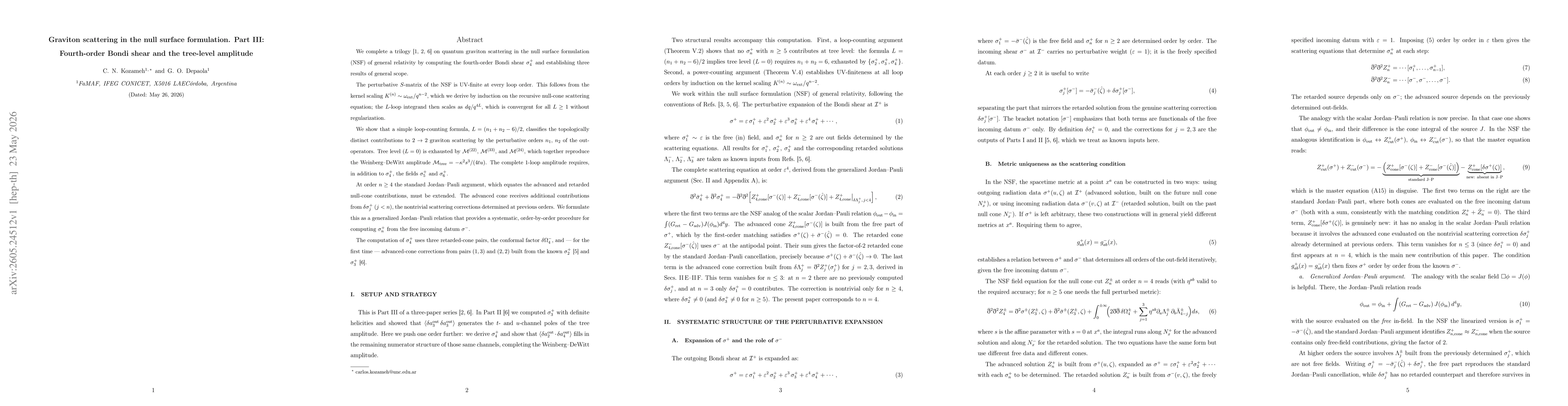 Thumbnail for Graviton scattering in the null surface formulation. Part III: Fourth-order Bondi shear and the tree-level amplitude