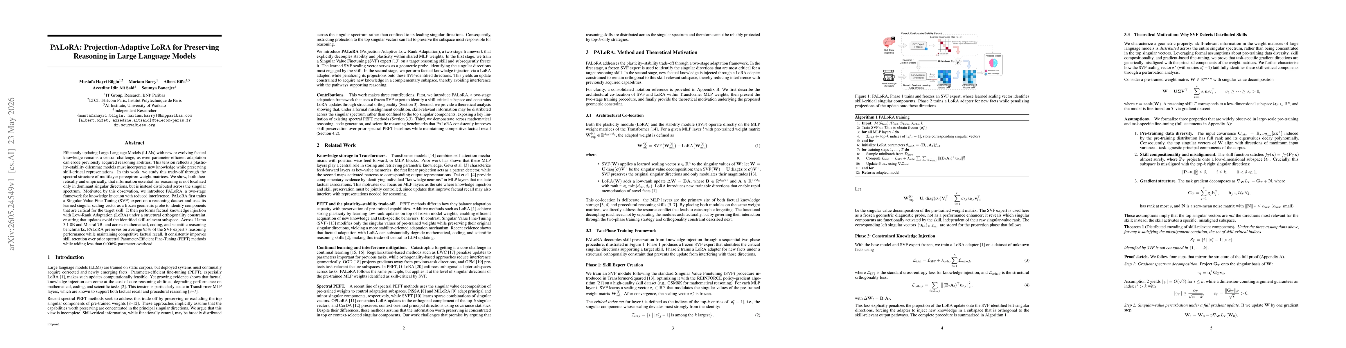 Thumbnail for PALoRA: Projection-Adaptive LoRA for Preserving Reasoning in Large Language Models