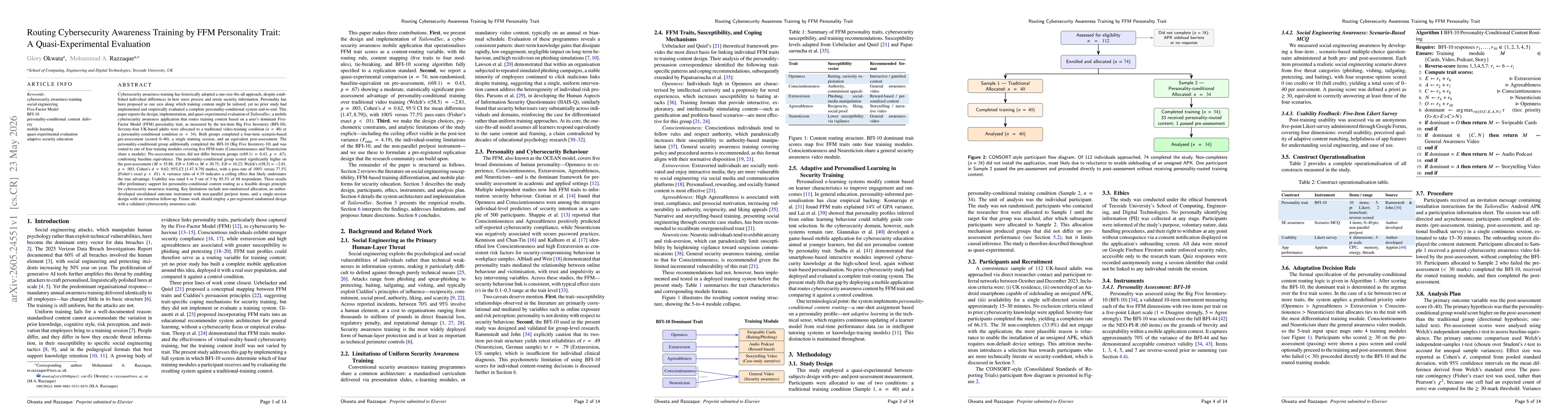 Thumbnail for Routing Cybersecurity Awareness Training by FFM Personality Trait: A Quasi-Experimental Evaluation