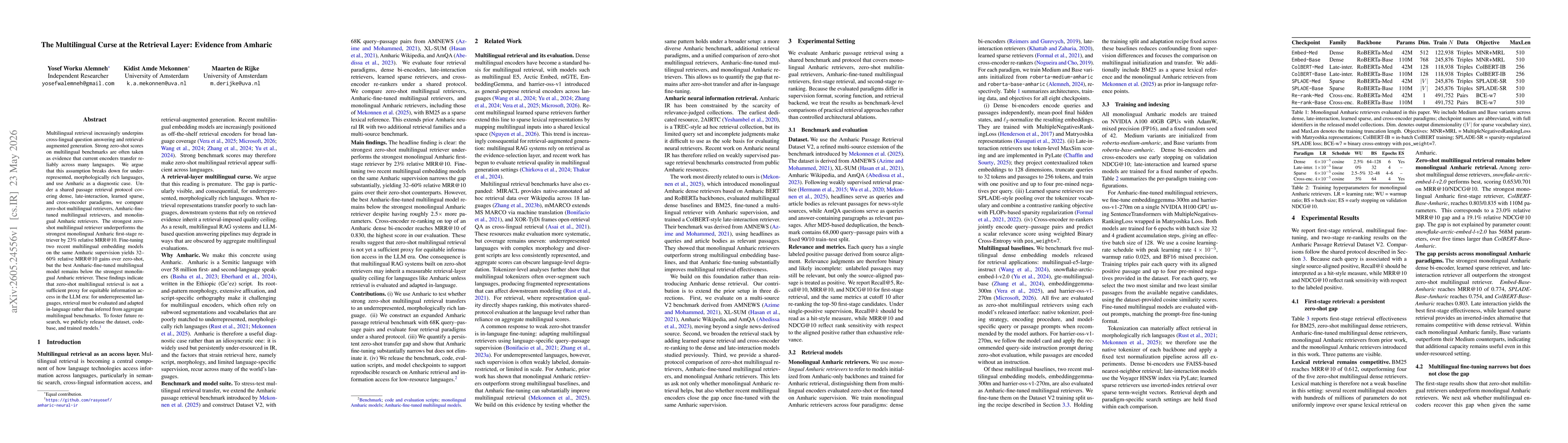 Thumbnail for The Multilingual Curse at the Retrieval Layer: Evidence from Amharic