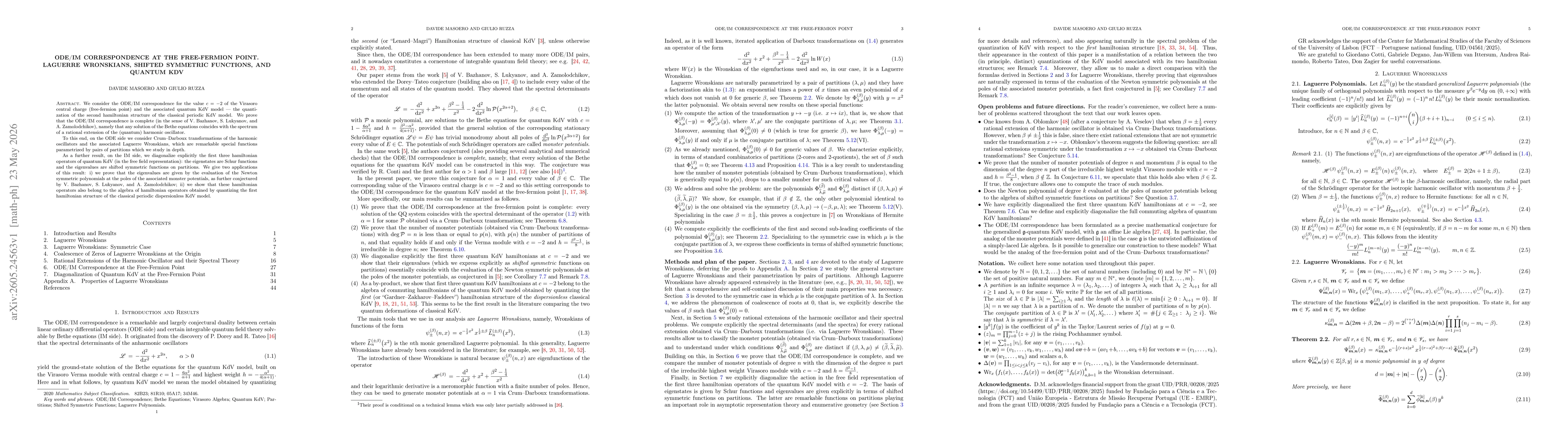 Thumbnail for ODE/IM Correspondence at the Free-Fermion Point. Laguerre Wronskians, Shifted Symmetric Functions, and Quantum KdV