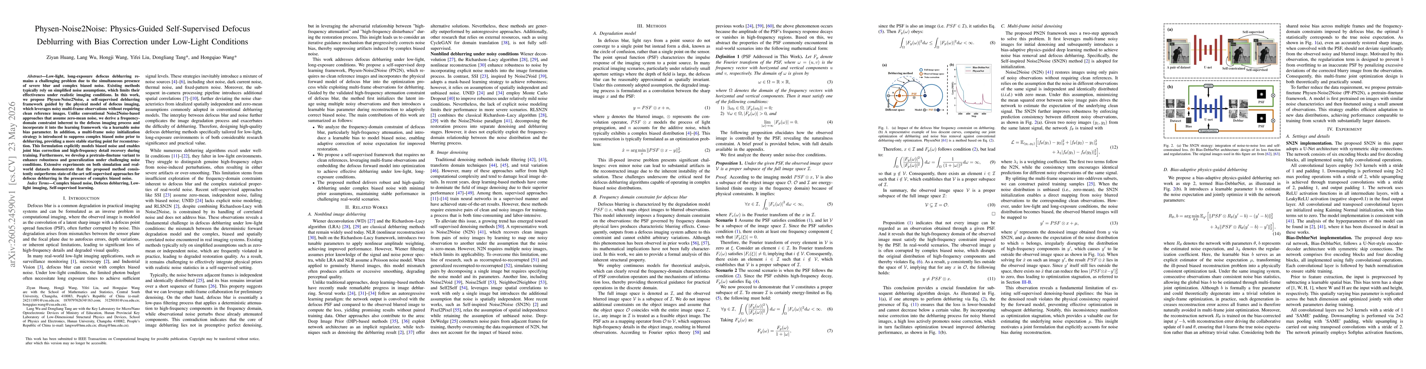 Thumbnail for Physen-Noise2Noise: Physics-Guided Self-Supervised Defocus Deblurring with Bias Correction under Low-Light Conditions