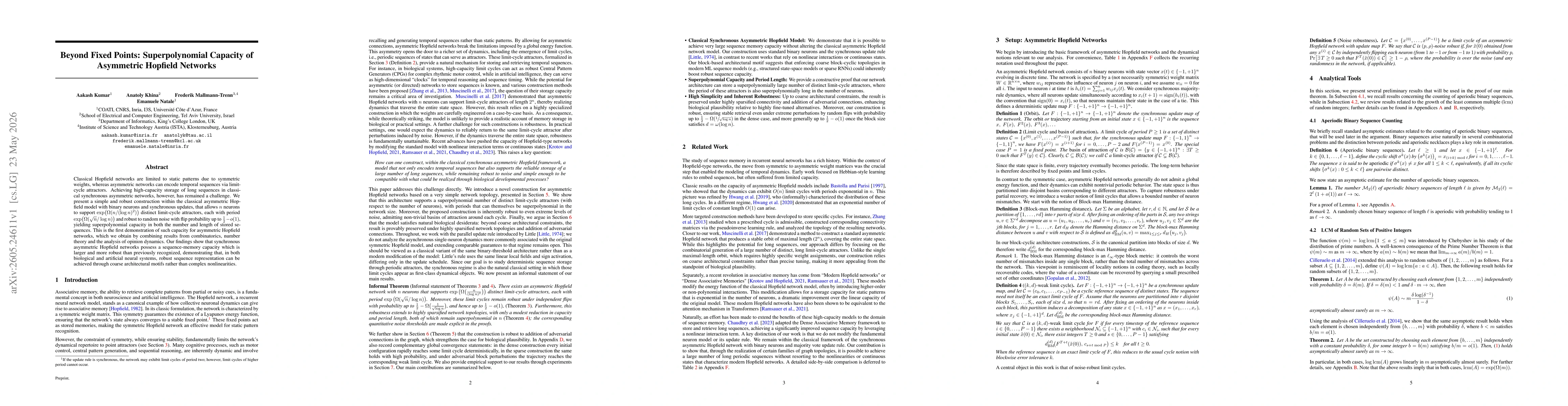 Thumbnail for Beyond Fixed Points: Superpolynomial Capacity of Asymmetric Hopfield Networks