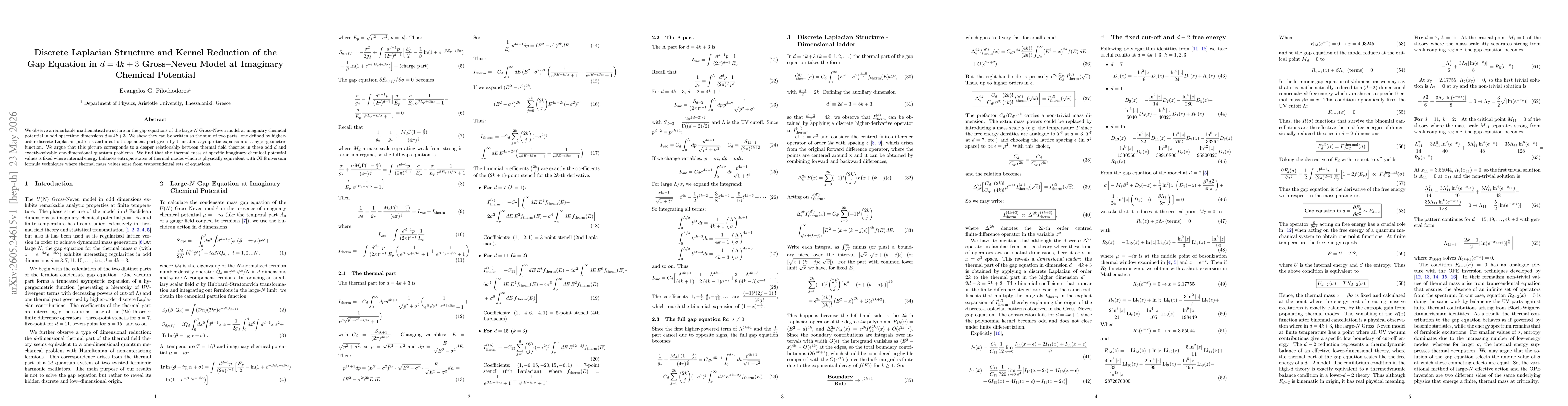 Thumbnail for Discrete Laplacian Structure and Kernel Reduction of the Gap Equation in $d=4k+3$ Gross--Neveu Model at Imaginary Chemical Potential